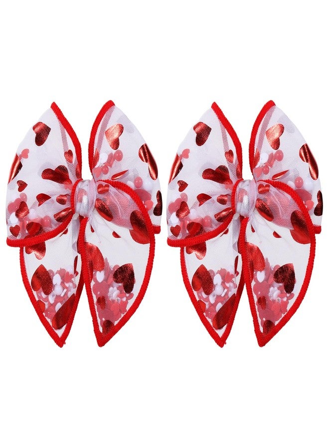 Miroksh Glitter Valentines Shaker Bows Alligator Clips for Girls Women, 2Pcs 4" Red Heart Mesh Tulle Ribbon Fable Bow Hair Barrettes Gift for Kids Birthday Wedding Party Dress Decor Accessory - Image 1